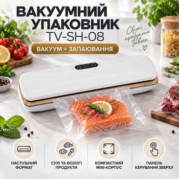 Вакууматор TV-SH-08/016 настольный вакуумный упаковщик для сухих влажных продуктов с герметичной запайкой пакетов компактный mini для мяса рыбы овощей фруктов заморозки домашних заготовок