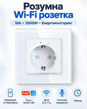 Розумна вбудована Wi-Fi розетка 16A 3500W з енергомоніторингом, керуванням зі смартфона Tuya / Smart Life (RR101EM)