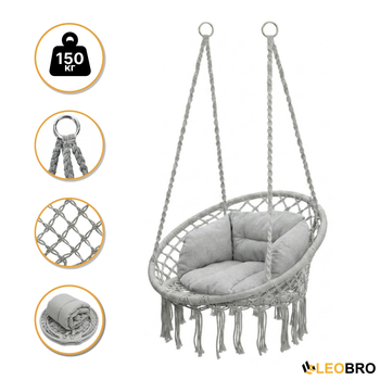 Підвісне плетене крісло-гойдалка з подушкою 80 см LEOBRO Boho Deluxe XL Grey (LB-1113) навантаженням до 150 кг, сіре