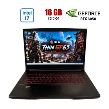 Игровой ноутбук Б-класс MSI GF63 Thin 11UC / 15.6" (1920x1080) IPS / Intel Core i7-11800H (8 (16) ядер по 1.9 - 4.6 GHz) / 16 GB DDR4 / 512 GB SSD M.2 NVMe / nVidia GeForce RTX 3050, 4 GB GDDR6, 128-bit / WebCam б/у