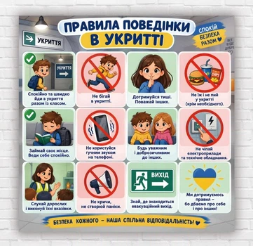 Паперовий плакат «Правила поведінки в укритті» для оформлення шкільного укриття, розмір 100х100 см