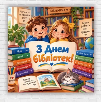 Паперовий плакат "З днем бібліотек. Діти та книги", розмір 100х100 см