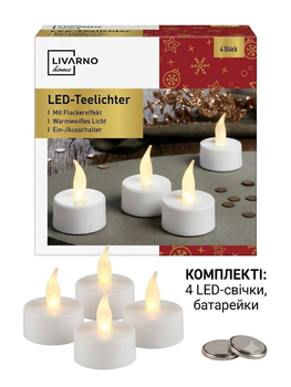 LED свечи-таблетки LIVARNO home, 4 шт., эффект мерцания пламени, теплый белый свет, на батарейках