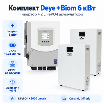 Комплект автономного енергопостачання Deye 6 кВт SUN-6K-SG06LP1-EU-BM2 + Biom Professional BALFP-512100-V1 2 шт 5.12 кВт·год