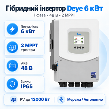 Гібридний сонячний інвертор Deye SUN-6K-SG06LP1-EU-BM2 6 кВт 1 фаза 48 В IP65 White
