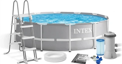 Басейн каркасний Intex 726 NP круглий розмір 457х122 см сходи тент підстилка фільтр-насос об'єм 16805л. Blue and Grey (96754)