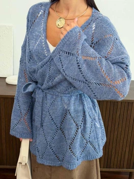 Вязаный женский кардиган Мечта ART KNIT синий джинс, oversize 046614