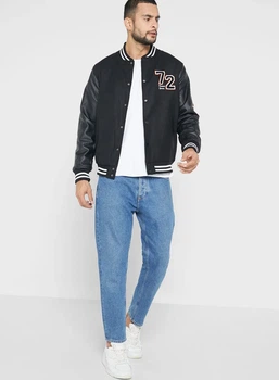 Чоловічий чорний бомбер утеплений bravesoul london mjk-filey (cg586678) із шкіряними рукавами та вишивкою, розмір L