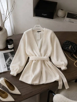 Кардиган жіночий з ангори з поясом, вільний крій, молочний, One Size 42–46