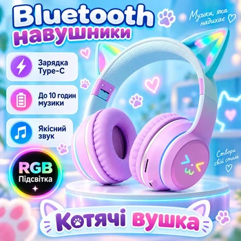 Навушники дитячі бездротові Cat Ear BT618 котячі вушка з RGB підсвіткою колір фіолетовий