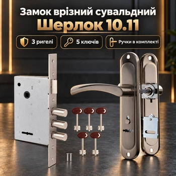 Замок на калитку врезной сувальдный Шерлок 10.11 с ручками бронза