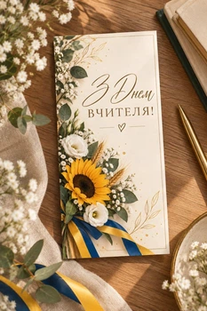 Открытка на день учителя "Зелень" с ламинацией, евроформат, одинарная, 10х21 см.