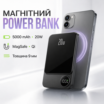 Магнітний бездротовий повербанк MagSafe Ultra Slim для iPhone 5000 mAh, PD 20 W, Qi 15 W, Type-C, Lightning, дисплей, товщина 9 мм