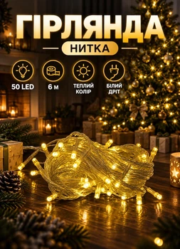 Новогодняя комнатная гирлянда нить 6 м 50 LED комнатная гирлянда на елку окно белый провод Желтый