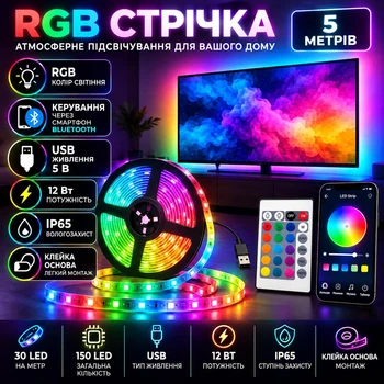 Світлодіодна підсвітка TV Light 5 м з пультом, Bluetooth та захистом IP65, RGB LED стрічка з керуванням зі смартфона та живленням від USB для телевізора, кімнати, меблів і декоративного освітлення, Різнокольоровий