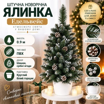 Штучна ялинка Едельвейс висотою 0.9 м розкішна новорічна ялинка з ПВХ у круглому білому горщику, різдвяна пишна довговічна ялинка з густими гілками, шишками та срібною калиною для дому Зелений