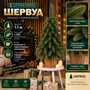 Штучна ялинка Шервуд висотою 1.1 м з ПВХ розкішна новорічна ялинка у горщику з лози, різдвяна пишна довговічна ялинка з густими гілочками та коричневими кінчиками для дому Зелений