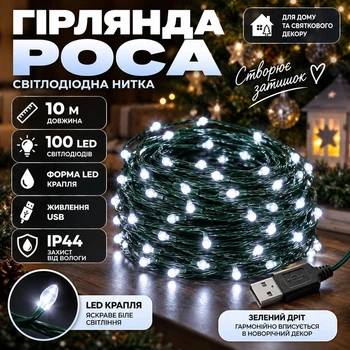Гірлянда Роса 10 м 100 LED з живленням від USB IP44, Світлодіодна новорічна гірлянда-нитка на зеленому проводі для ялинки, вікон, стін, фотозон та святкового декору, Білий
