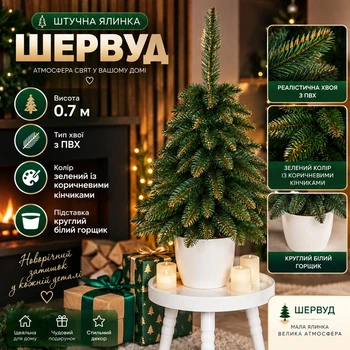 Штучна ялинка Шервуд висотою 0.7 м з ПВХ розкішна новорічна ялинка у круглому білому горщику, різдвяна пишна довговічна ялинка з густими гілочками та коричневими кінчиками для дому Зелений