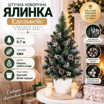 Штучна ялинка Едельвейс висотою 0.7 м розкішна новорічна ялинка з ПВХ у круглому білому горщику, різдвяна пишна довговічна ялинка з густими гілками, шишками та срібною калиною для дому Зелений