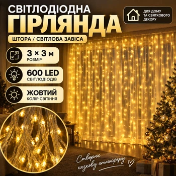 Новорічна гірлянда-штора Роса Хвойна лапа 3×3 м 600 LED, Світлодіодна завіса на мідному дроті з 8 режимами для декору вікон, стін, вітрин, фотозон та святкового оформлення дому, Жовтий