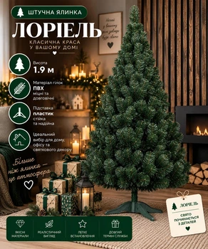 Штучна ялинка Лоріель висотою 1.9 м з ПВХ розкішна пишна новорічна ялинка, різдвяна довговічна ялинка з густими гілками та складною пластиковою підставкою для дому Зелений