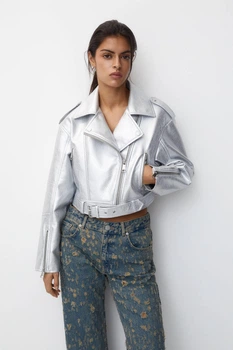 Куртка з еко шкіри Pull & Bear сріблястий NASUQ531 XL