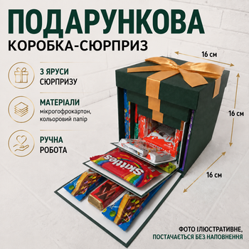Подарочная раскладная коробка сюрприз 3-х уровневая для фото, сладостей и подарка, коробка трансформер 16х16х16 см зелена