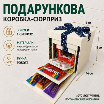 Подарункова розкладна коробка сюрприз 3-рівнева для фото та солодощів, коробка трансформер 16х16х16 см з бантом в горошок