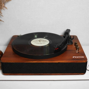 Вініловий програвач Fenton TT Classic Plus Wood з Bluetooth і USB, ретро програвач для вінілових платівок 33/45/78 об/хв, з вбудованими стереоколонками, дерев’яним корпусом, ремінним приводом, автостопом, AUX, RCA, виходом на навушники (без кришки)