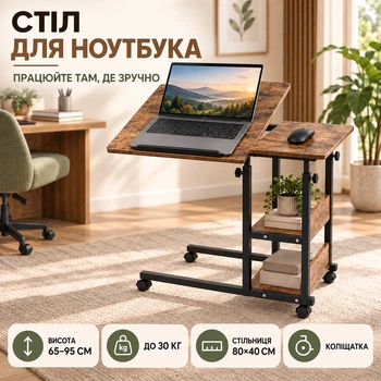 Стіл для ноутбука UFT T56 з регулюванням висоти 65–95 см, нахилом стільниці, полицями та колесами, коричневий (UFTT56Wood)