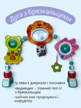 Дуга з брязкальцями і поп іт на коляску, автокрісло, ліжко, стільчик для годування ТМ Huanger спінер, брязкальця, шаруділки, дзеркало, прорізувачі