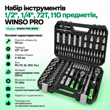 Набор инструментов, 1/2", 1/4", 72T, CR-V, 110 предметов, WINSO PRO