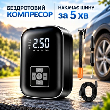 Беспроводной автомобильный автокомпрессор для накачивания шин колес с дисплеем