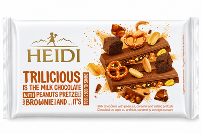 Шоколад молочный Heidi Trilicious с арахисом, карамелью и соленым кренделем 180 г