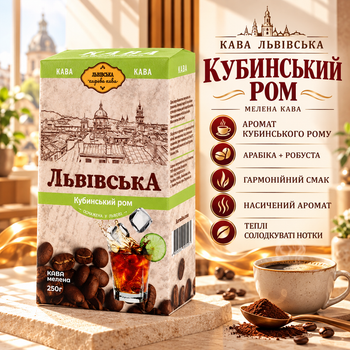 Молотый кофе Львовский Кубинский Ром 260 г купаж арабики робусты с ромовым ароматом мягким насыщенным вкусом сладковатыми нотками ароматизированный кофейный напиток для дома офиса