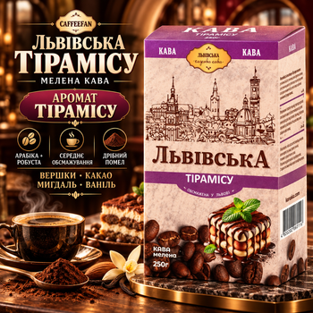 Кофе молотый 260 г CaffeeFan Львовский Тирамису арабика робуста с ароматом тирамису мелкого помола средней обжарки с нотками сливок какао миндаля ванили в вакуумной упаковке для турки чашки френч пресса кофеварки