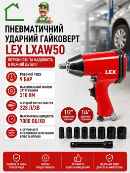 Пневматический гайковерт ударный LXAW50 Рабочее давление – 9 бар Максимальный момент затяжки – 310 Нм