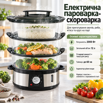 Скороварка T.K. Line T.K. Line 12 л 2000 Вт електрична кухонна Пароварка для м'яса, риби та овочів та рису