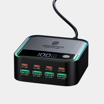 Настольное зарядное устройство Asometech WLX-M8 120W GaN 8-Port (Type-C / USB-A) с дисплеем