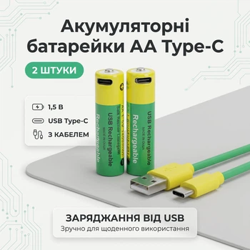 Аккумуляторы пальчиковые AA с входом USB Type-C 3400mWh 1.5V аккумуляторные батарейки с разъемом для зарядки комплект 2шт с кабелем