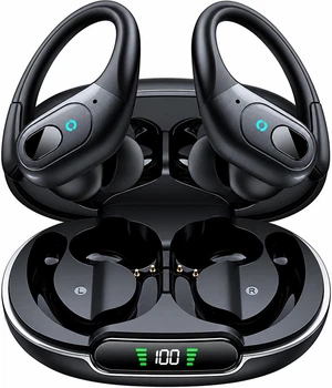 Беспроводные спортивные наушники TWS Bluetooth V 5.4 с ENC шумоподавлением водонепроницаемые IPX5 креплением на ухо LED дисплеем вакуумные стерео блютуз для тренировки фитнеса зала прогулок и повседневного использования Черный