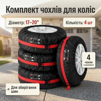 Комплект чохлів для коліс R17-R20, 4 шт, поліестер, чорний з червоним, для зберігання шин