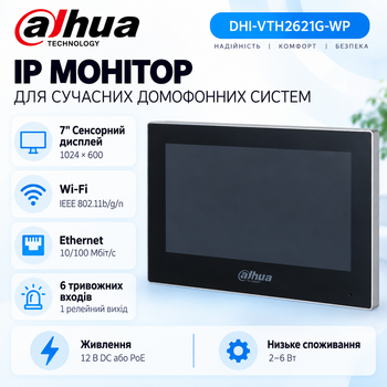Видеодомофон с сенсорным дисплеем DHI-VTH2621G-WP 7" 1024 × 600 WiFi Black