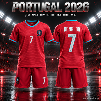 Детская футбольная форма Криштиану Роналду Cristiano Ronaldo №7 Португалия Portugal 2026 красная, футболка + шорты, размер 26, рост 140–150 см
