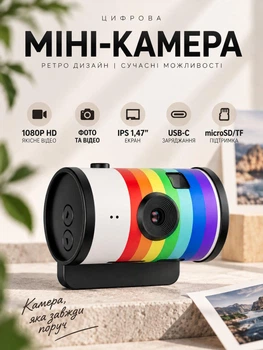 Мини цифровая ретро камера портативная карманная камера-брелок 1080P HD с IPS экраном 1.47" для фото и видео с USB-C и поддержкой карт памяти microSD TF компактная фотокамера винтажная видеокамера радужная