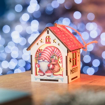 Ялинкова новорічна іграшка Будиночок із підсвічуванням із фанери 100 х 75 х 55 мм Червоний із білим (NR-117)
