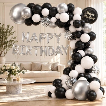 Набор воздушных шаров для арки и фотозоны Happy Birthday 81 предмет, чёрный белый серебро YW-03082