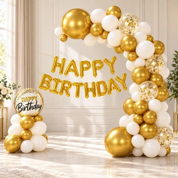 Набор воздушных шаров для арки и фотозоны бело-золотой, 81 предмет, Happy Birthday YW-03087