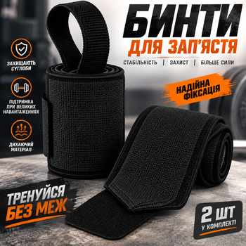Бинти для зап’ястя U-Way чорні — спортивні фіксатори кисті для тренувань, жиму та важкої атлетики, 2 шт